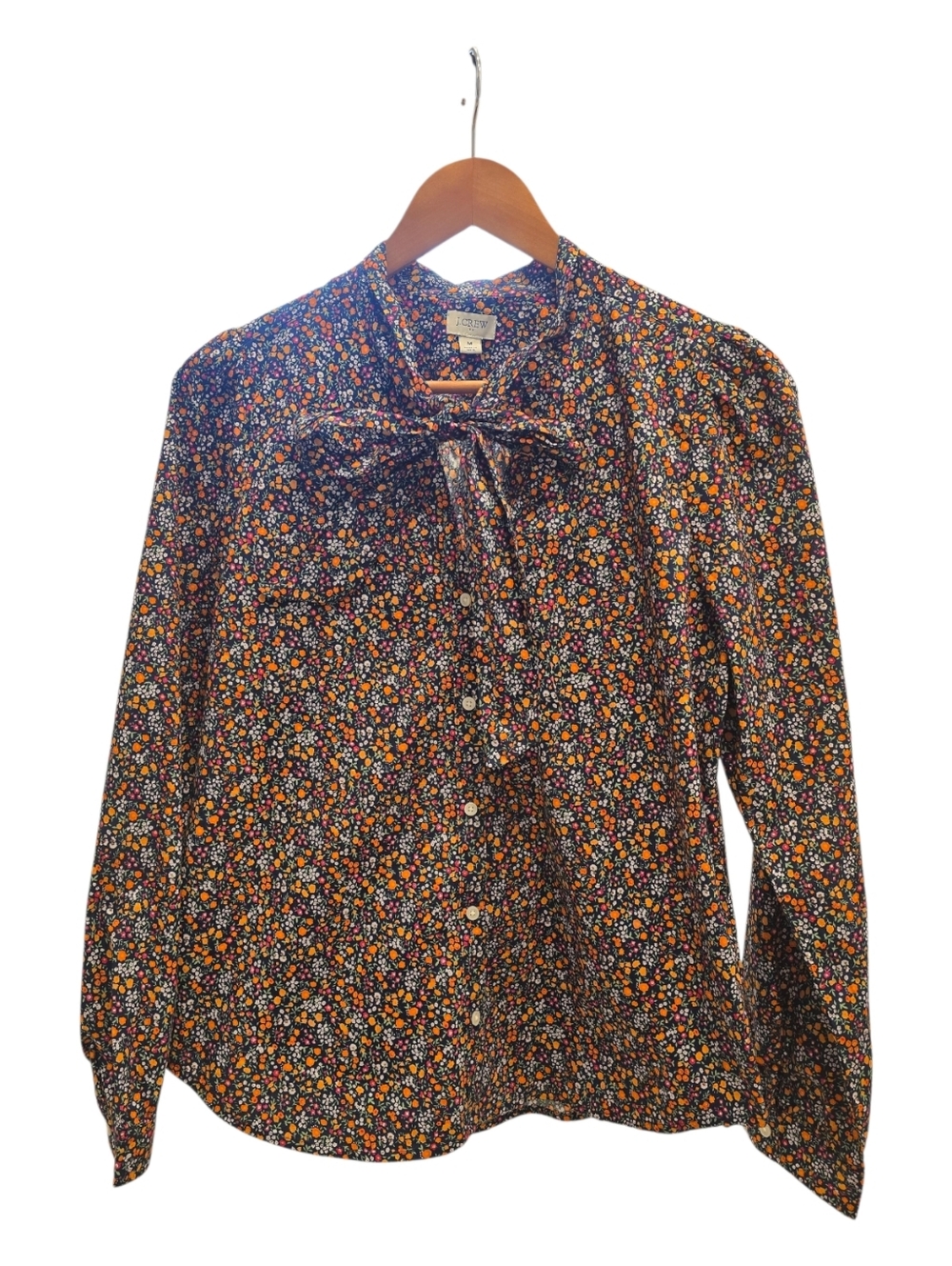 J.Crew Floral Tie-Neck Blouse in Navy with Orange & Pink Accents